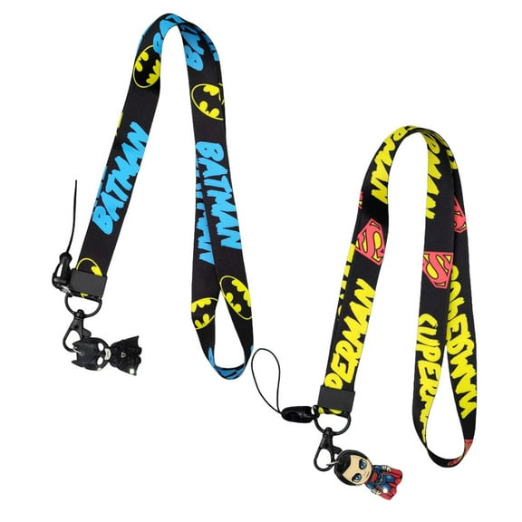 2Pcs Batman and Superman Cartoon Badge Keychain Lanyard ,ID Badge Holder, Cell Phone and Charms Neck Strap.