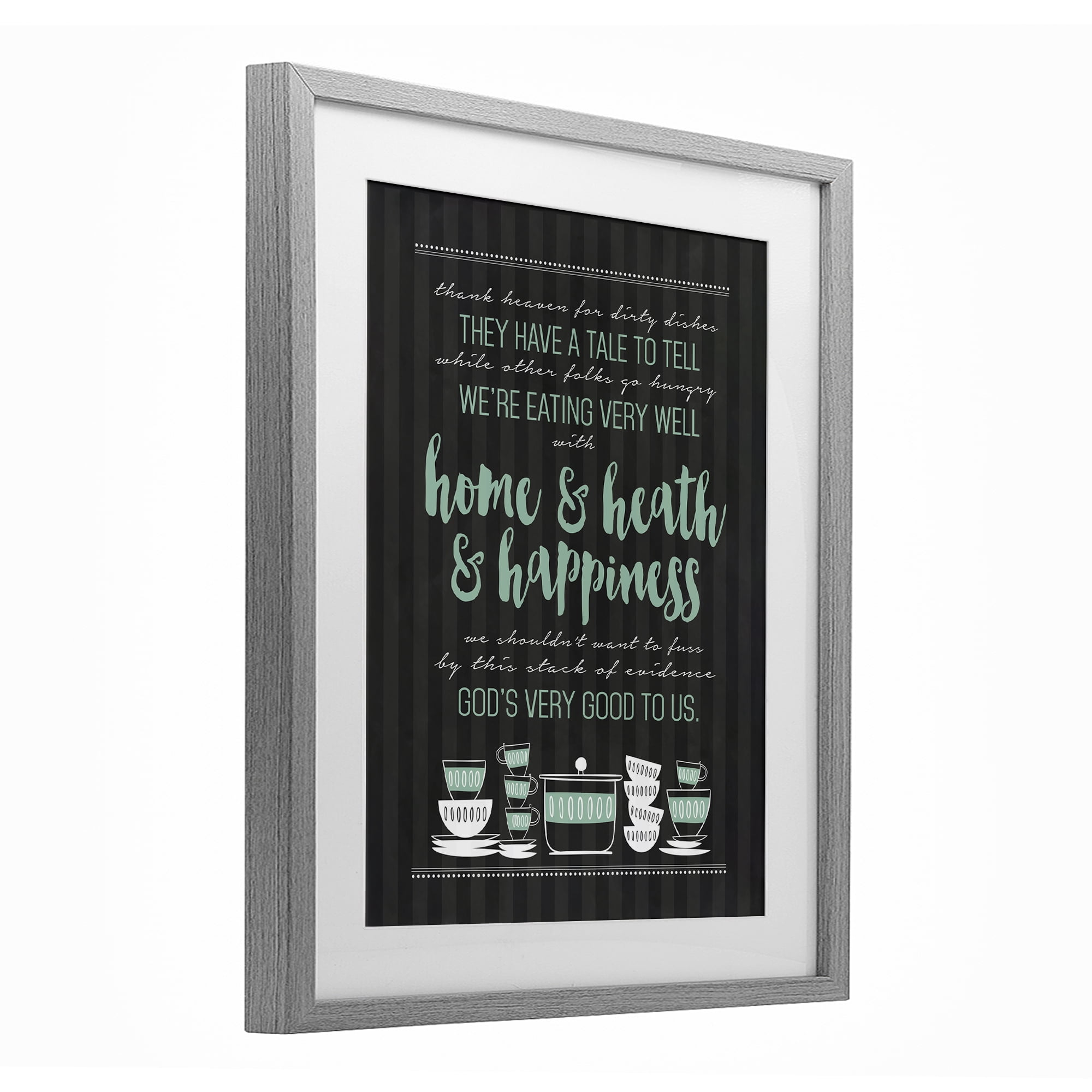 God's Good To Us Kitchen Gray Framed Print Under Glass, design by Lettered and Lined