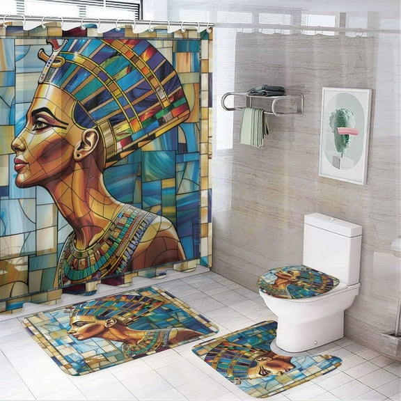 4Pcs Egyptian Queen Shower Curtain Set with Toilet Lid Cover U-Shaped Mat and Non-Slip Rugs, Colorful Dress Glass Mural Mosaic Art Shower Curtain Bathroom Decor Set, 72" X 72"