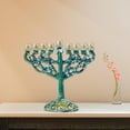 thumbnail image 3 of Hand Painted Enamel Menorah with Jeweled Accents Embellished Candlesticks Candle Holder - Green, 3 of 6