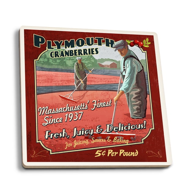 Plymouth, Massachusetts, Cranberry Farm Vintage Sign (Absorbent Ceramic
