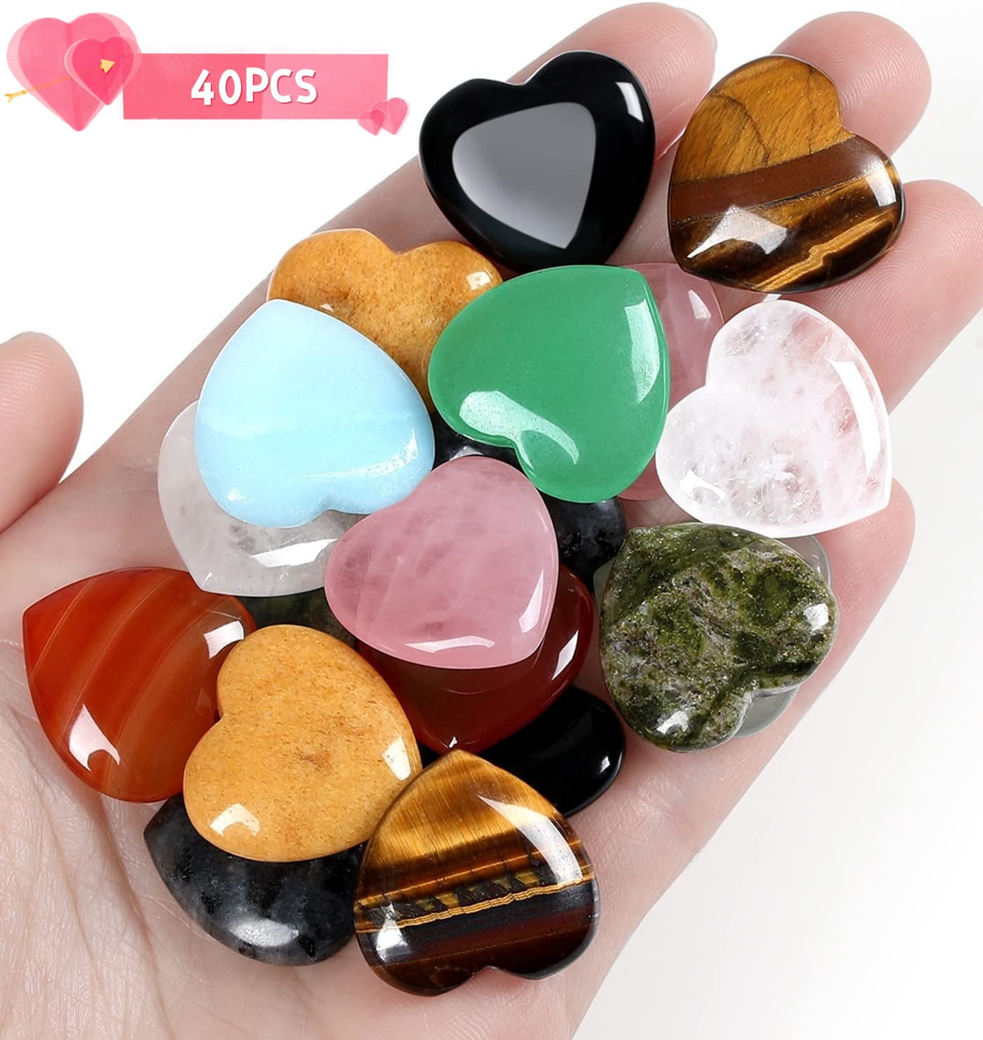 Bundle of 10PCS Rose Quartz Crystals Heart Thicken and 10PCS Colorful  Assorted Heart Crystals Stones 0.8 * 0.8 * 0.4