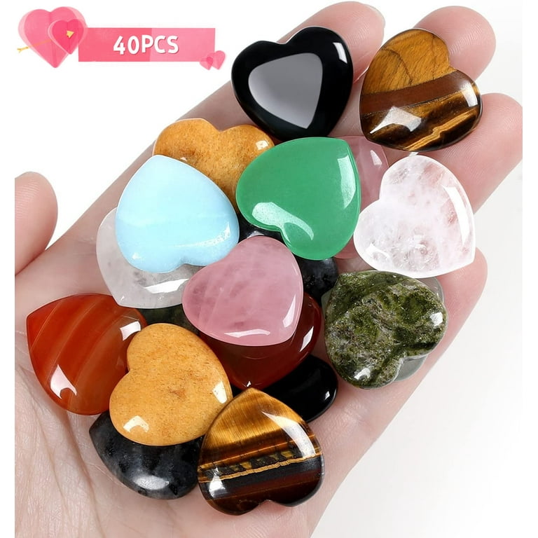 40 Pack Heart Crystals Stones Healing Crystal Palm Natural Polished Love Shaped Gemstones Rose Quartz Amethyst Assorted Set Bulk Wholesale Reiki