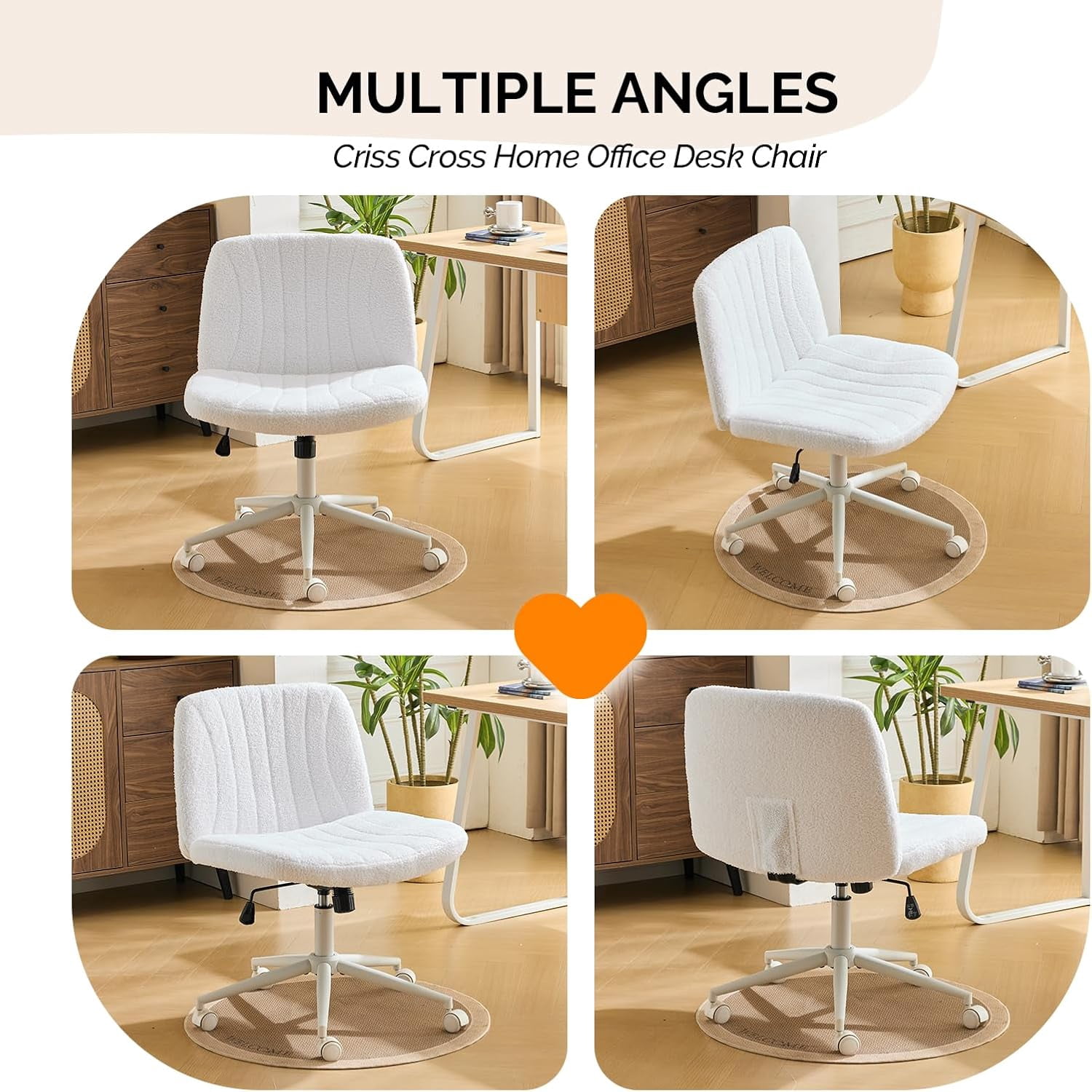 JOYMOR Modern Vanity Chair Dual-Use with/no Wheels, Armless Criss Cross Legged Chair, Swivel Wide Comfy Office Desk Chair, Computer Chair