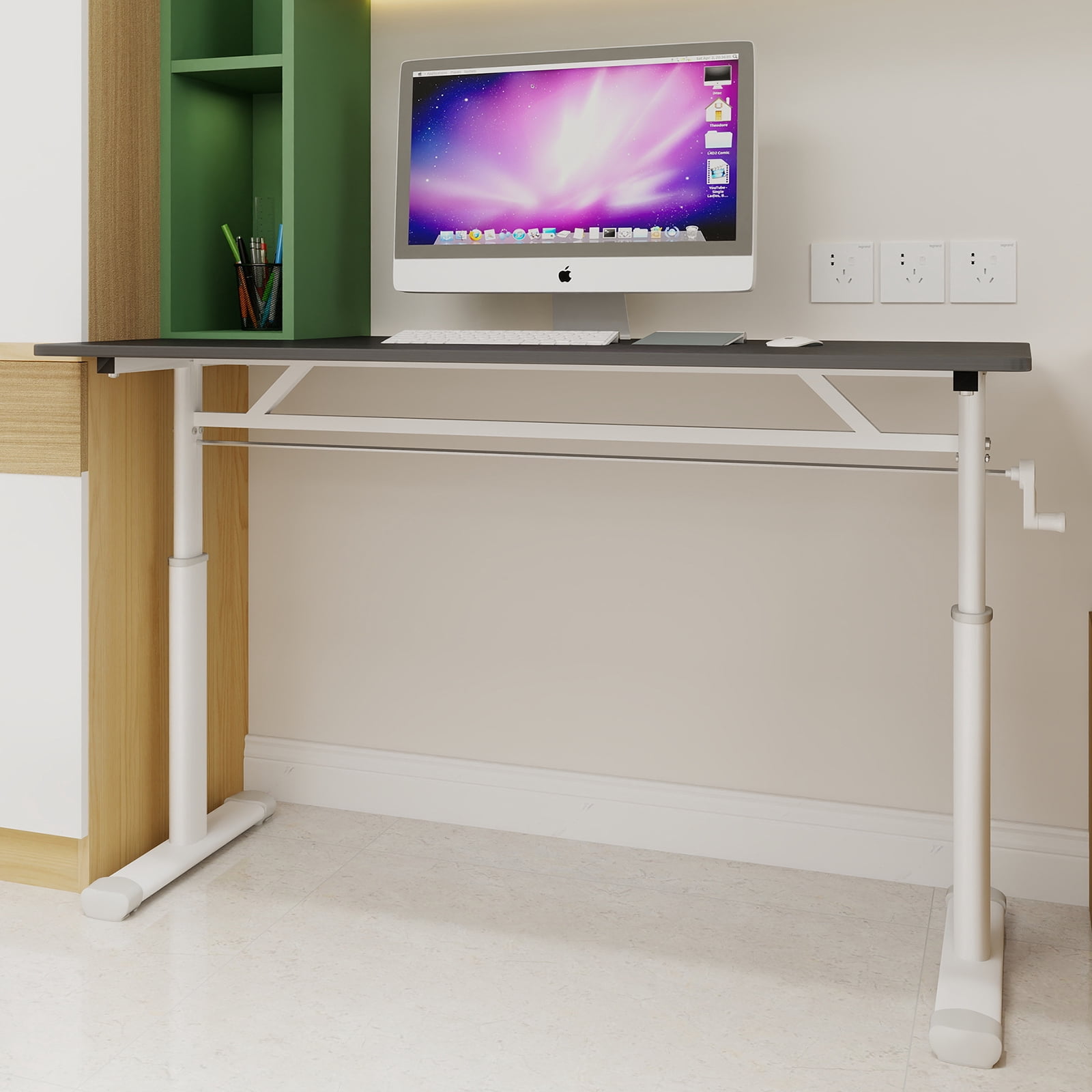 LiviNest Height Adjustable Desk for Small Spaces: Manual Crank Standing Desk with Storage - Modern Home Office Desk for Apartments & Compact Workstations