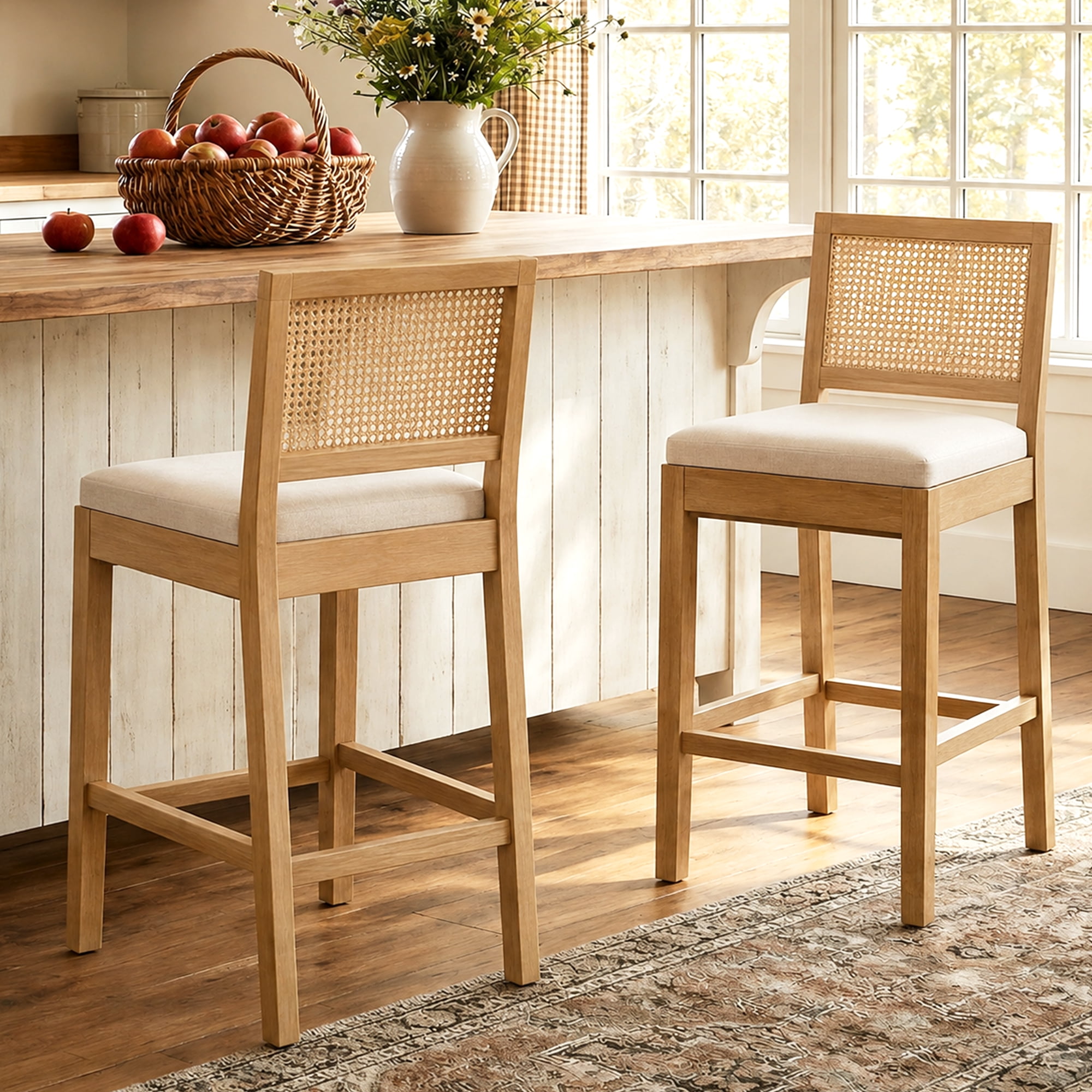 Bar Stools Sets of 2, LEGAHOME 28" Bar Height Bar Stools, Farmhouse Linen Upholstered Bar Stools with Cane Back, Wood Bar Chairs for Kitchen Island Dining Room, Suitable for 40"-42" Table, Beige