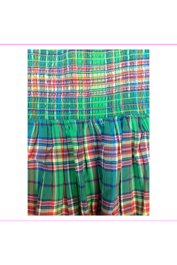 Girls' Sleeveless Plaid Madras Smocked Dress, Green, Size 14, $59.5