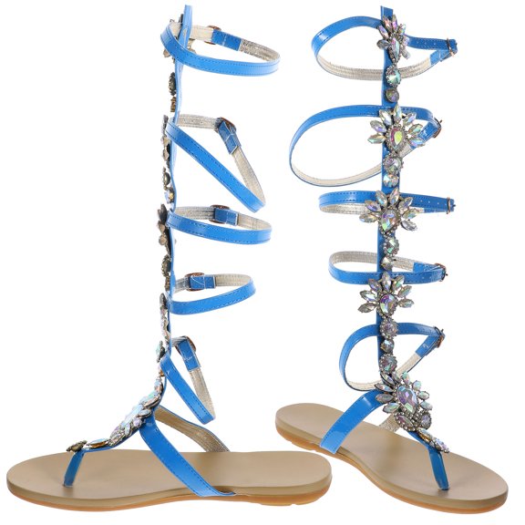 LABSERRON 1 Pair Cute Sandals For Women Roman Style Dark Blue Pu Adjustable Buckle Strap Open Toe Beach Wear