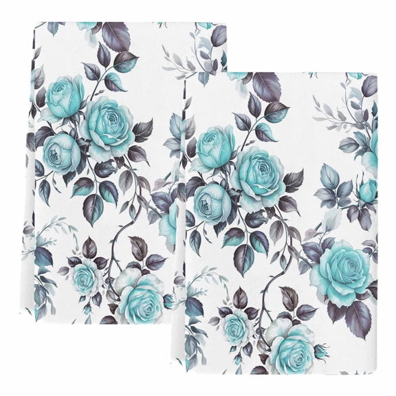Dish Towels, Turquoise Rose Absorbent Kitchen Towels 2 PCS, Leaf Floral Vintage Style Microfiber Hand Towels Dish Cloths Tea Towels for Home Bathroom Cleaning Drying,18X28-Inch,