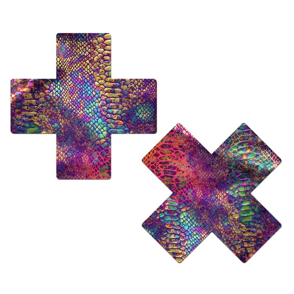 Pastease - Nipple Pasties - Neon Rainbow Tie Dye Snake Print Cross Pastease - 3" x 3", One Size