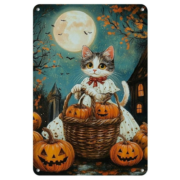 Vintage Halloween Metal Sign - Spooky White Cat with Pumpkins, 8x12 Inch Durable Auminum Wall Art for Café, Restaurant, Home, Garage, Patio, Bar & Garden Decor, Halloween Decorations