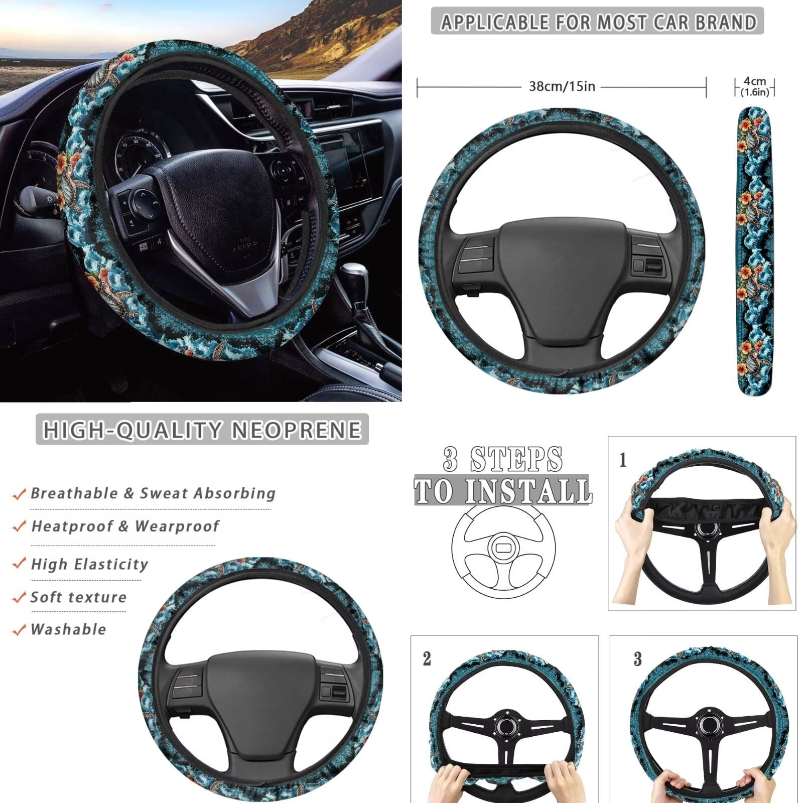 FKELYI Aztec Hibiscus Flower Turtle Print Car Seat Covers Full Set with Steering Wheel Cover Seat Belt Covers Headrest Covers Auto Center Console Pad Gear Shift Knob Sleeve Cup Coasters, 16 Pcs