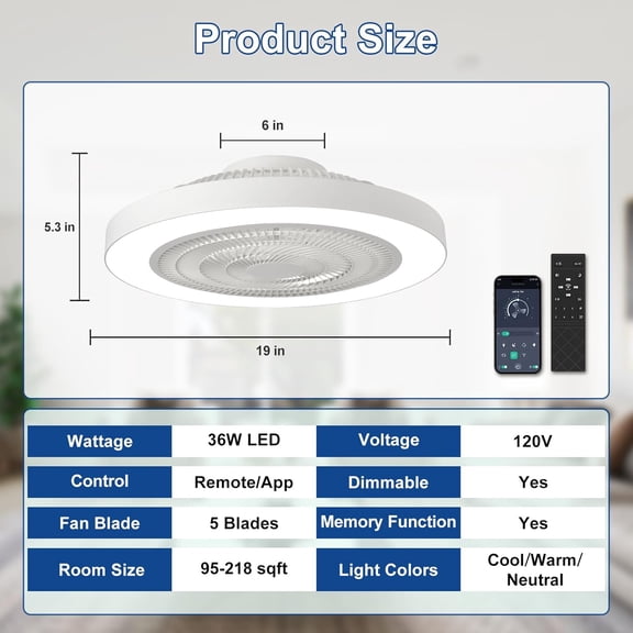 Modern Ceiling Fan with Light: 19" Flush Mount Low LED Ceiling Fans with Remote & Smart APP Control - White Bladeless Fandelier Dimmable Quiet Motor for Bedroom Kids Room 6 Speeds