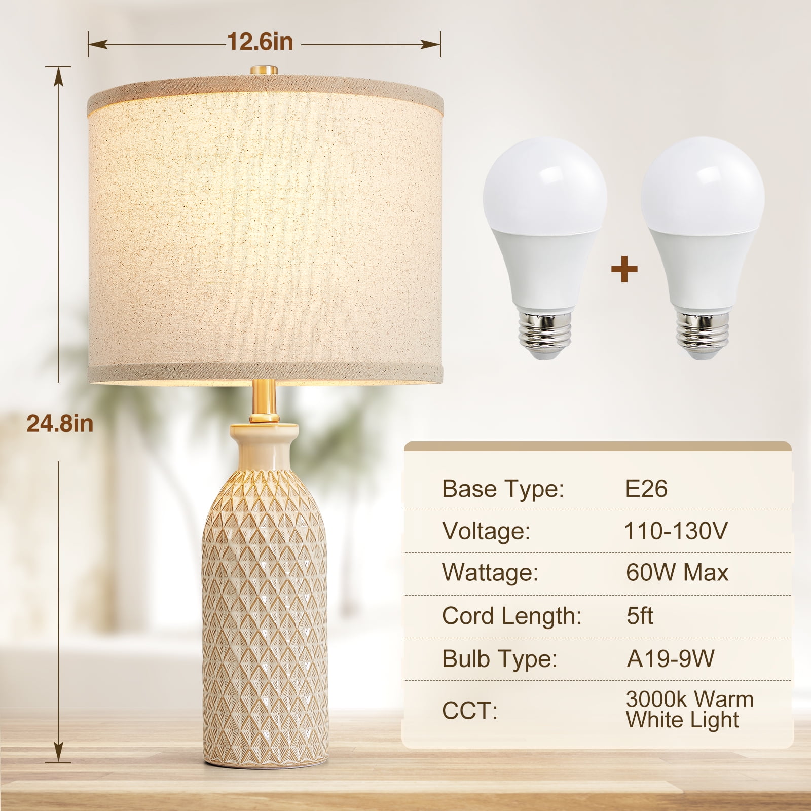 NATYSWAN Ceramic Table Lamps Set of 2, 24.8" Bedside Lamps with 3-Color Temperature, Modern Nightstand Lamp Desk Reading Lamp with Fabric Drum Shade for Bedroom, Living Room, Office, 2 Bulbs Included