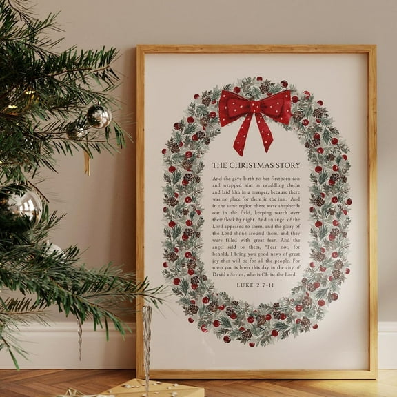 Zuno The Christmas Story Nativity Bible Verse Modern Holiday Wall Art Red Bow Seasonal Print Christian Vintage Scripture Artwork Luke 2 Jesus Art- Wall Art Print, 8x12 UNFRAMED