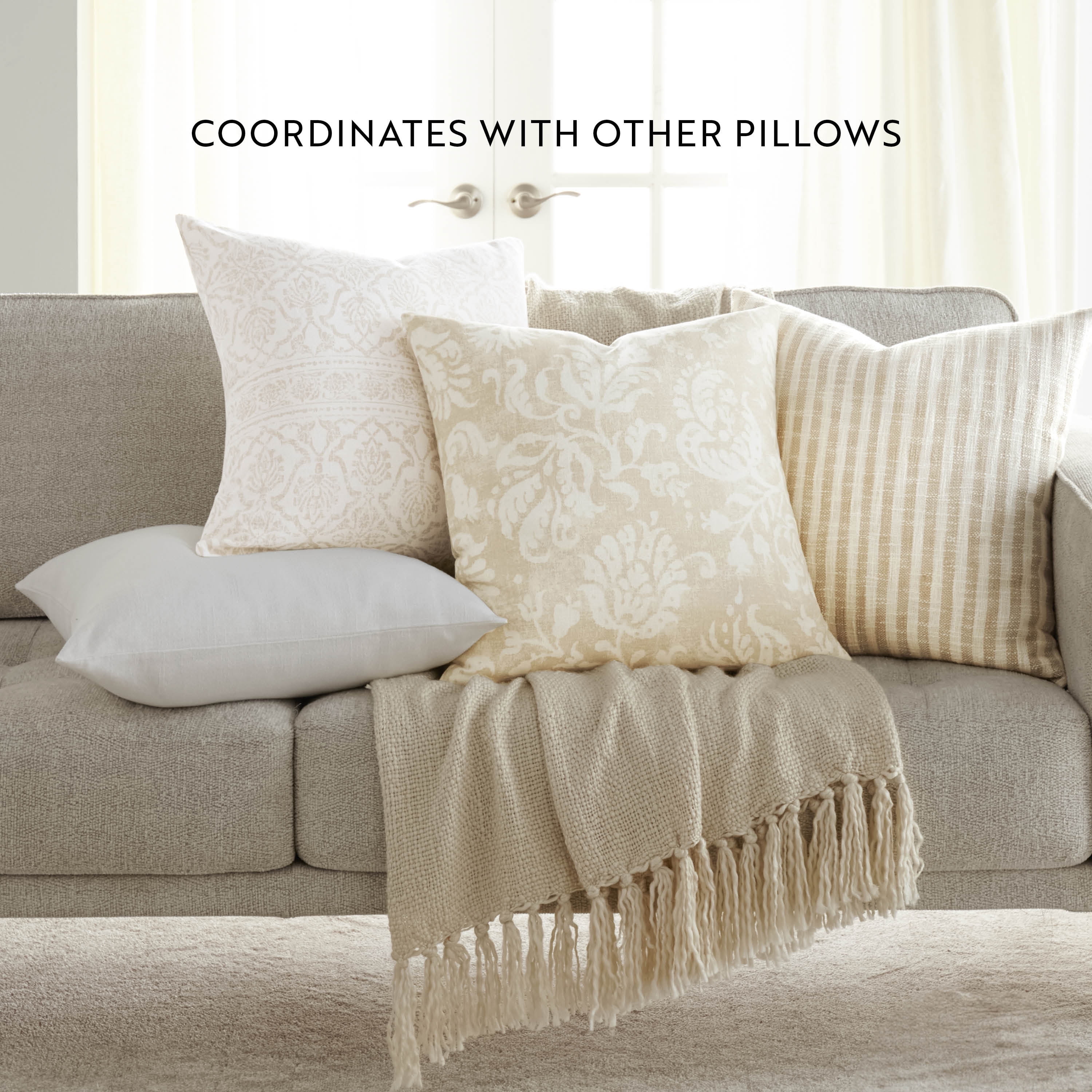 Noble Linens 2-Pack Decor Throw Pillows Floral Natural and Yarn-Dyed Bengal Stripe