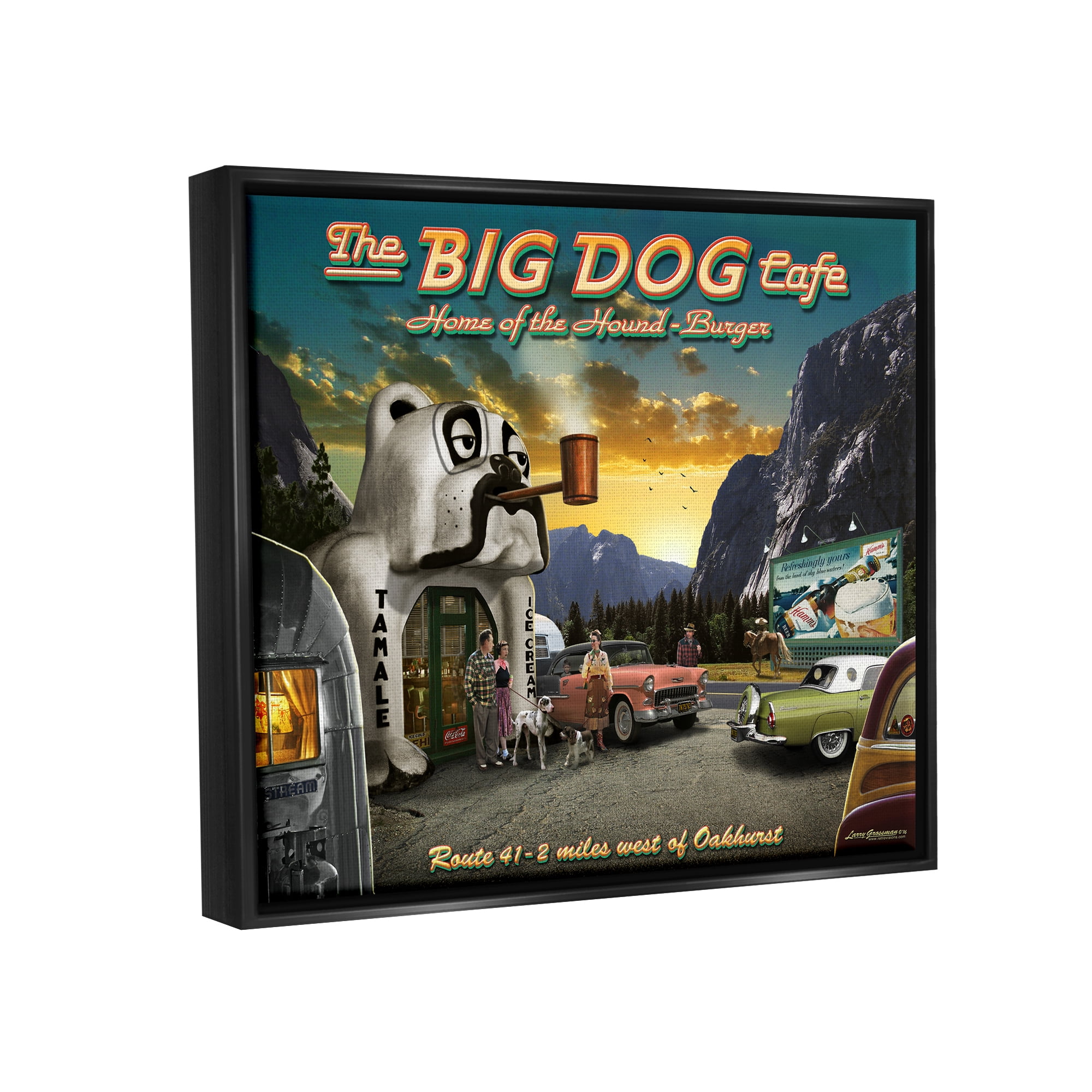 Stupell Industries Big Dog Cafe Scenery Transportation Painting Black Floater Framed Canvas Art Print Wall Art, 21 x 17