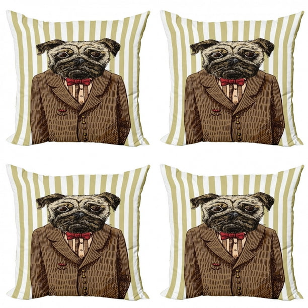 Pug Throw Pillow Cushion Case Pack Of 4 Hand Drawn Sketch Of Smart Dressed Dog Jacket