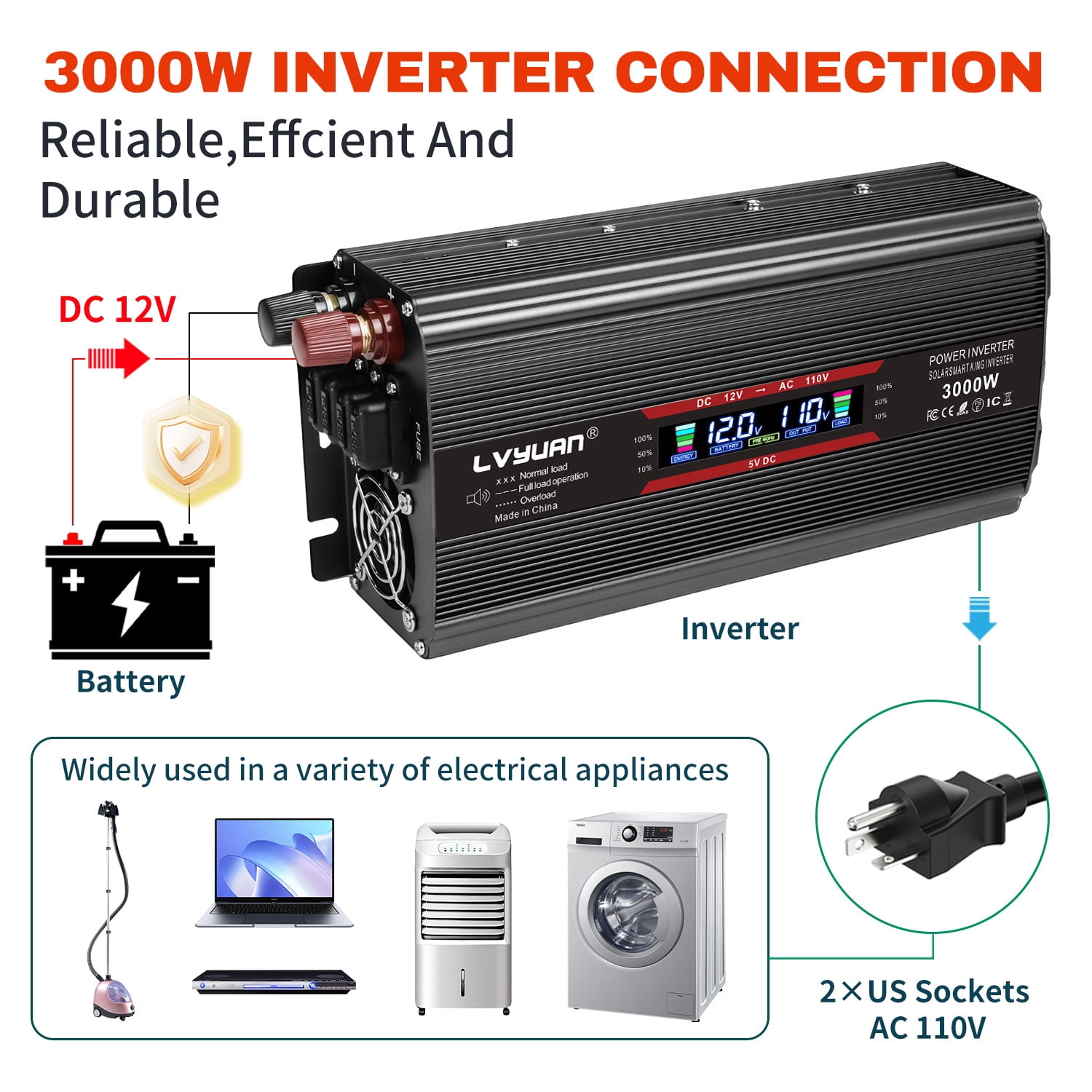 LVYUAN 1500W 3000W Peak Modified Sine Wave Power Inverter - DC 12V to 110V AC, Dual AC Outlets & Dual USB Ports, LCD Display, Black - Ideal for Car, RV, Camping & Home Backup