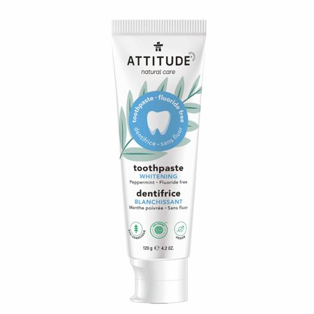 ATTITUDE Fluoride-Free Toothpaste, Plant- and Mineral-Based Ingredients, Vegan, Cruelty-Free and Sugar-Free, Whitening, Peppermint, 4.2 Oz