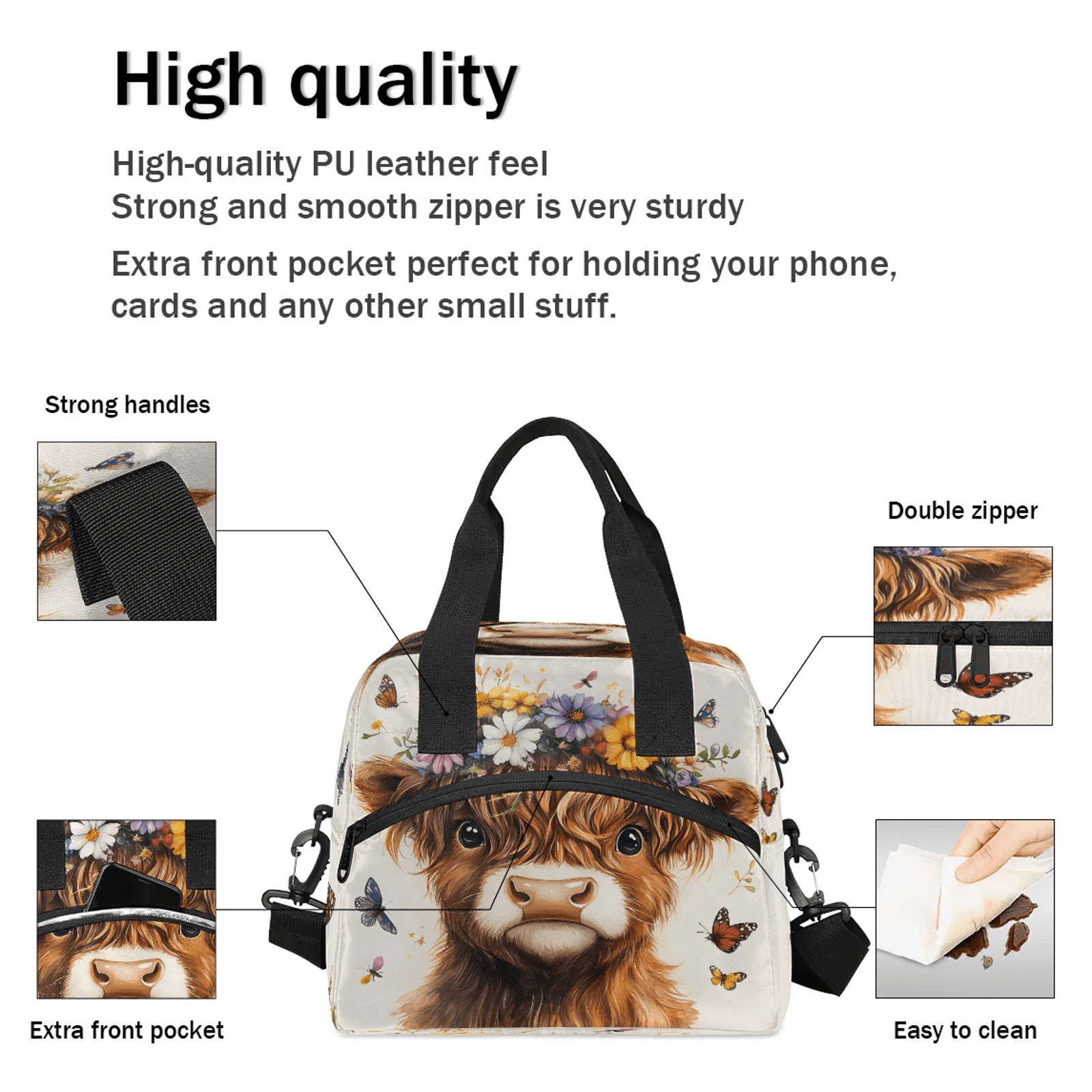 Herdesigns Highland Cow Lunch Bag for Women Men Adult, Funny Large Insulated Reusable Lunch Box Leakproof Portable Cooler Tote Bags for Work Picnic Beach