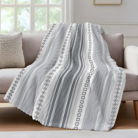 Grey Striped Fleece Throw Blanket for Couch, Modern Geometric Abstract Art Contemporary Microfiber Flannel Blanket for All Season, Lightweight Soft Throw Blankets for Bed, Sofa, Travel, 50"x60"