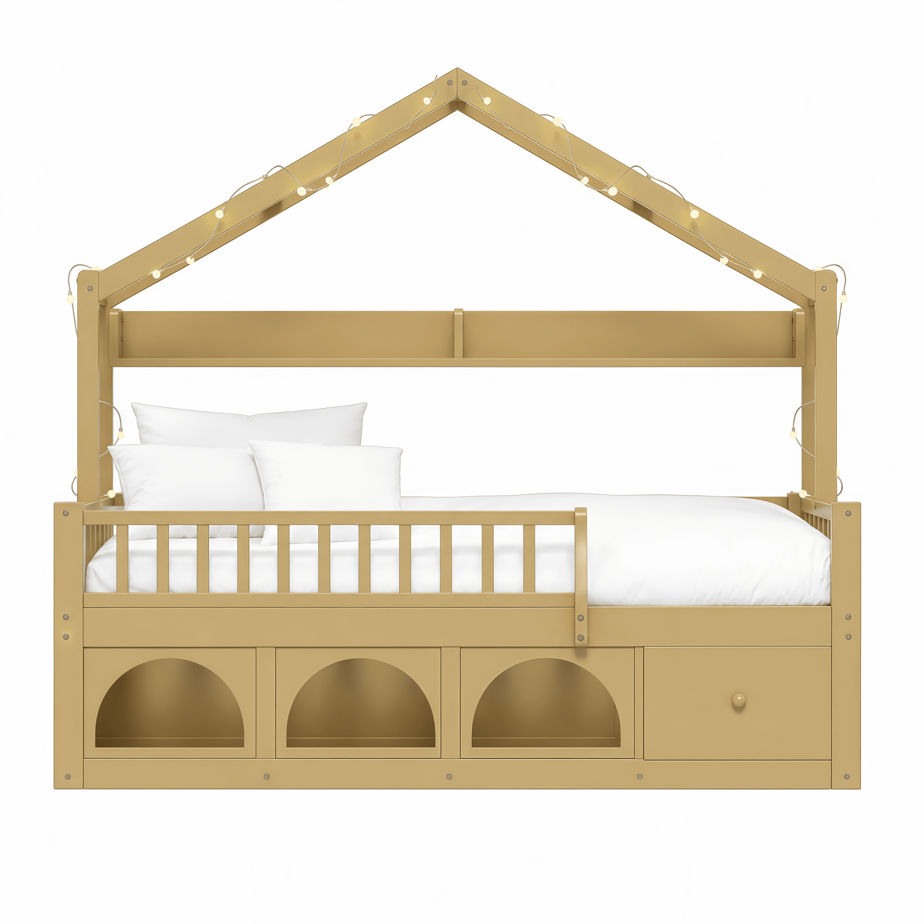 Euroco Wood Full Size Platform Bed with Drawers and Cabinets, House Bed with LED Light and Bookshelf, Natural