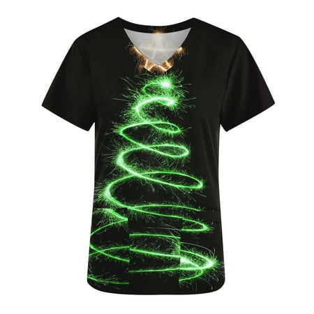 

Graphic Scrubs T Shirts for Women 2 Pockets Holiday Snowman/Tree Funny Printed V Neck Short Sleeve Pullover Tops (Medium Black 04)