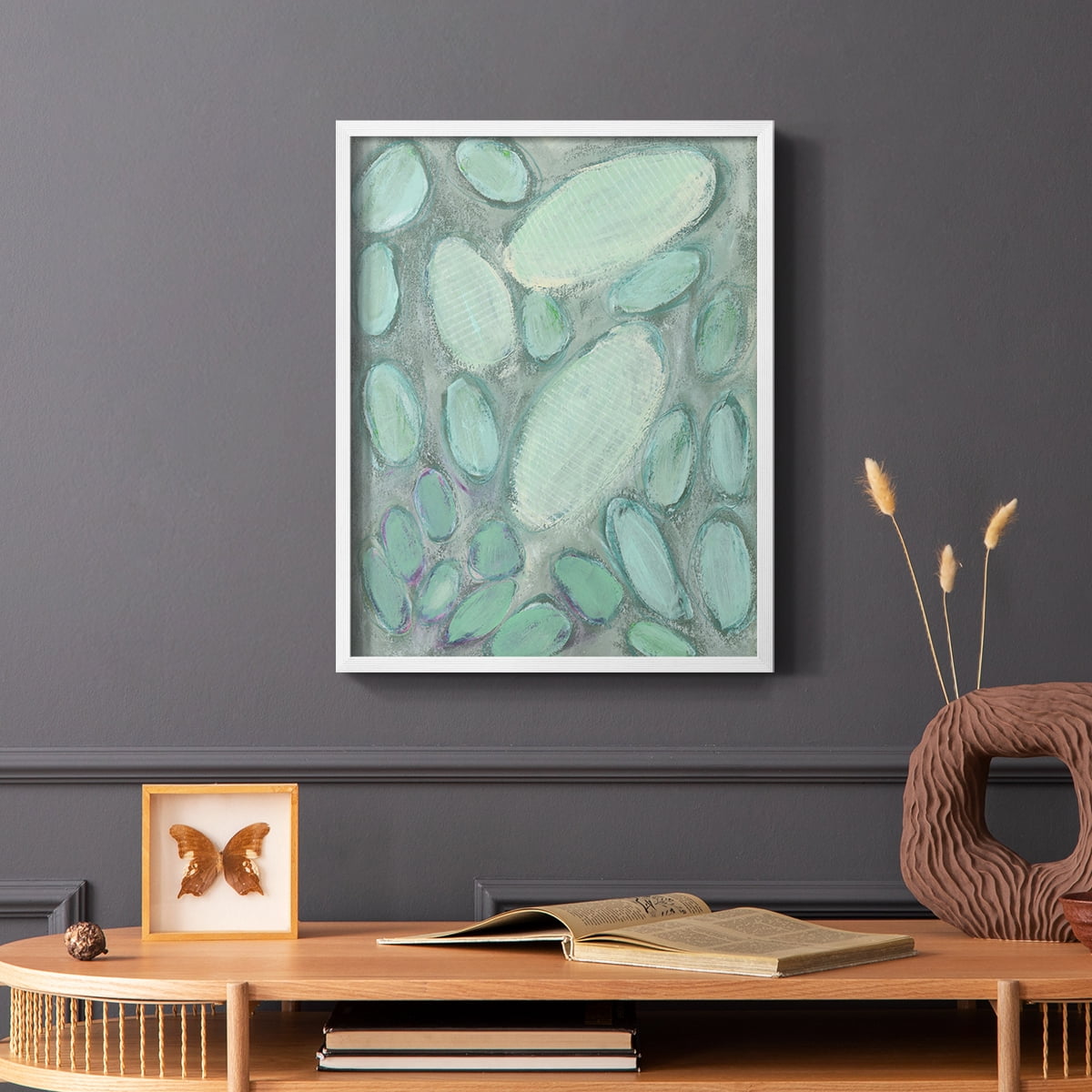 Blue Orbs II Framed Print in White Solid Wood Framed Print No Nail Hanging