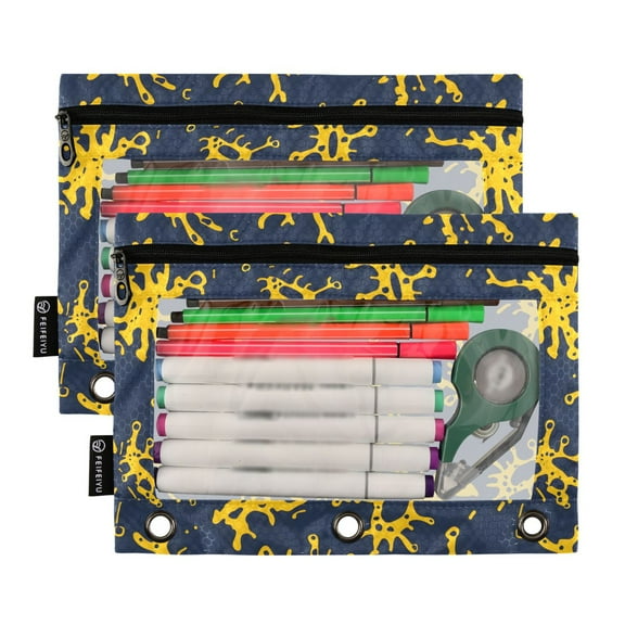 2 Pack Pencil Pouch for 3 Ring Binder Smooth Zipper Folders with Pockets Clear Window Pencil Case Dark Blue Yellow Splashes