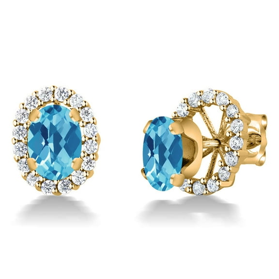 Gem Stone King 18K Yellow Gold Plated Silver Oval Checkerboard Swiss Blue Topaz Removable Jacket Stud Earrings for Women