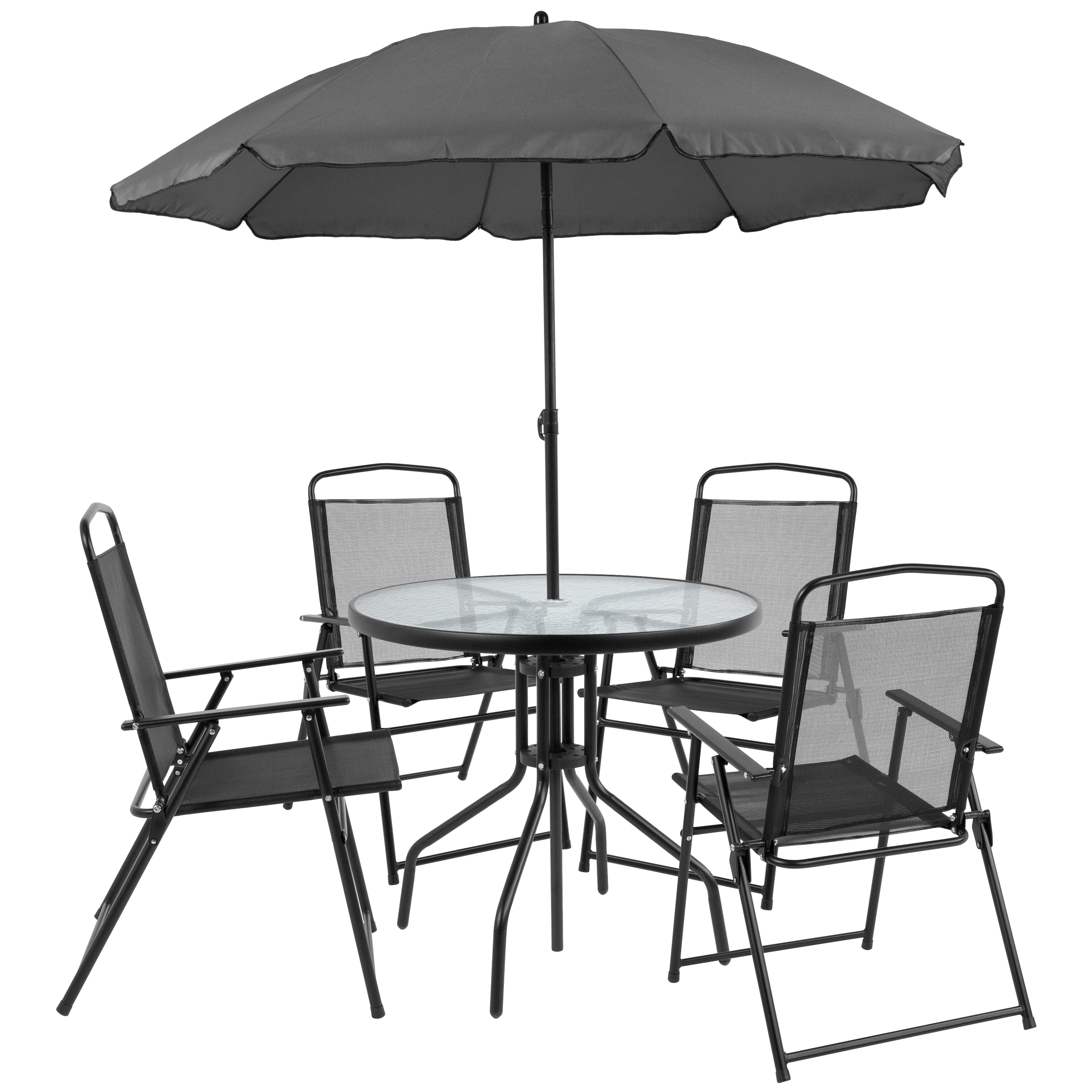 6 Piece Black Patio Garden Set with Umbrella Table and Set of 4
