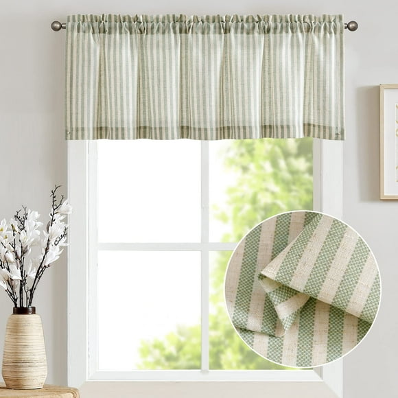 Curtainking Kitchen Valance Curtain Stripe Pattern Farmhouse Window Valance 16 inch Linen Window Treatment for Bathroom Bedroom Rod Pocket 1 Panel Sage