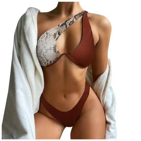 Women Swimsuits Bikini Set Solid One Shoulder Knot Front Push Up High Leg Thong Two Piece Coffee Womens Bathing Suits S