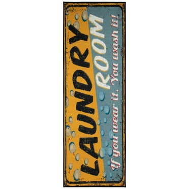Ottomanson Non-Slip Rubberback Text 2x5 Laundry Room Runner Rug, 20" x 59" Oval, Yellow/Gray