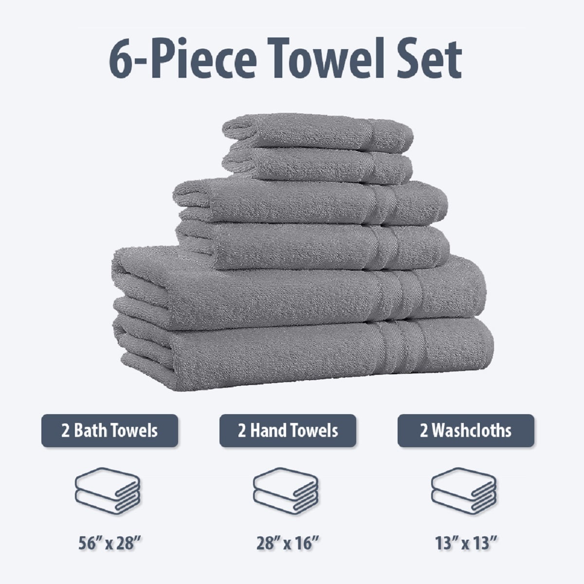 Home Sweet Home 100% Cotton 6-Piece Bath Towel Set - Extra Soft Bath Towels, Silver Grey