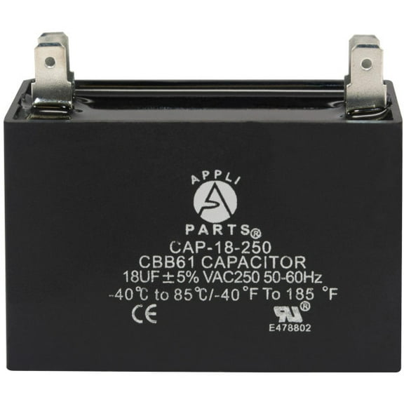 Appli Parts Fan Capacitor 18 mfd (microfarads) uf 250 VAC with 4 Terminal Connections compatible with any brand within the same range of capacitance 2-1/4in Width 7/8in Depth 1-7/8in Height CAP-18-250