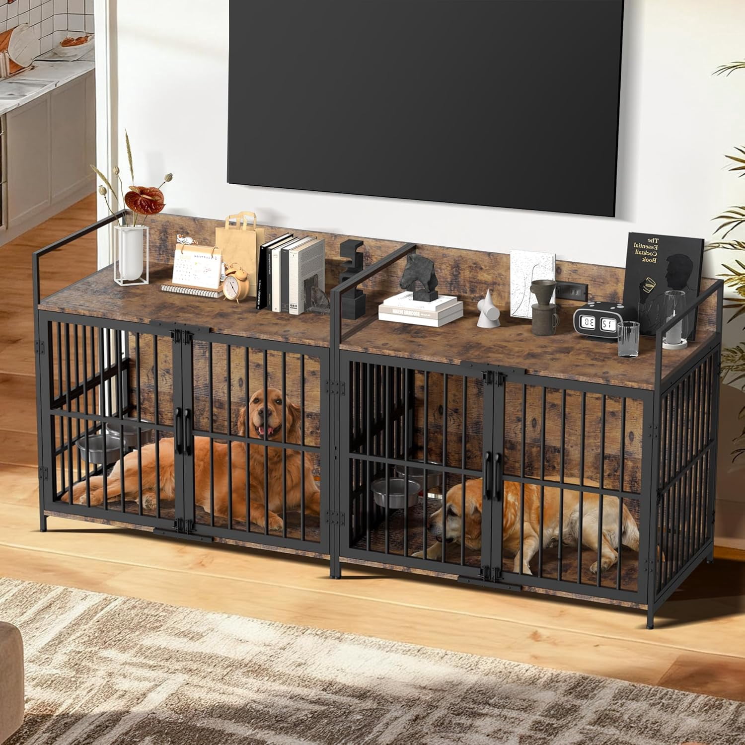 Haverchair 41" Dog Crate Furniture, Indoor Wooden Large Dog Kennel with 2 Rotating Feeder Bowls, Heavy Duty Dog Crates with Charging Station as End Table