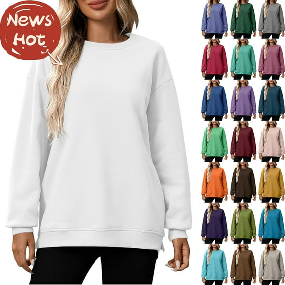 Sweatshirts for Women, Fashion Women Round Neck Long Sleeve Solid Loose Sweatshirt Blouse, White S