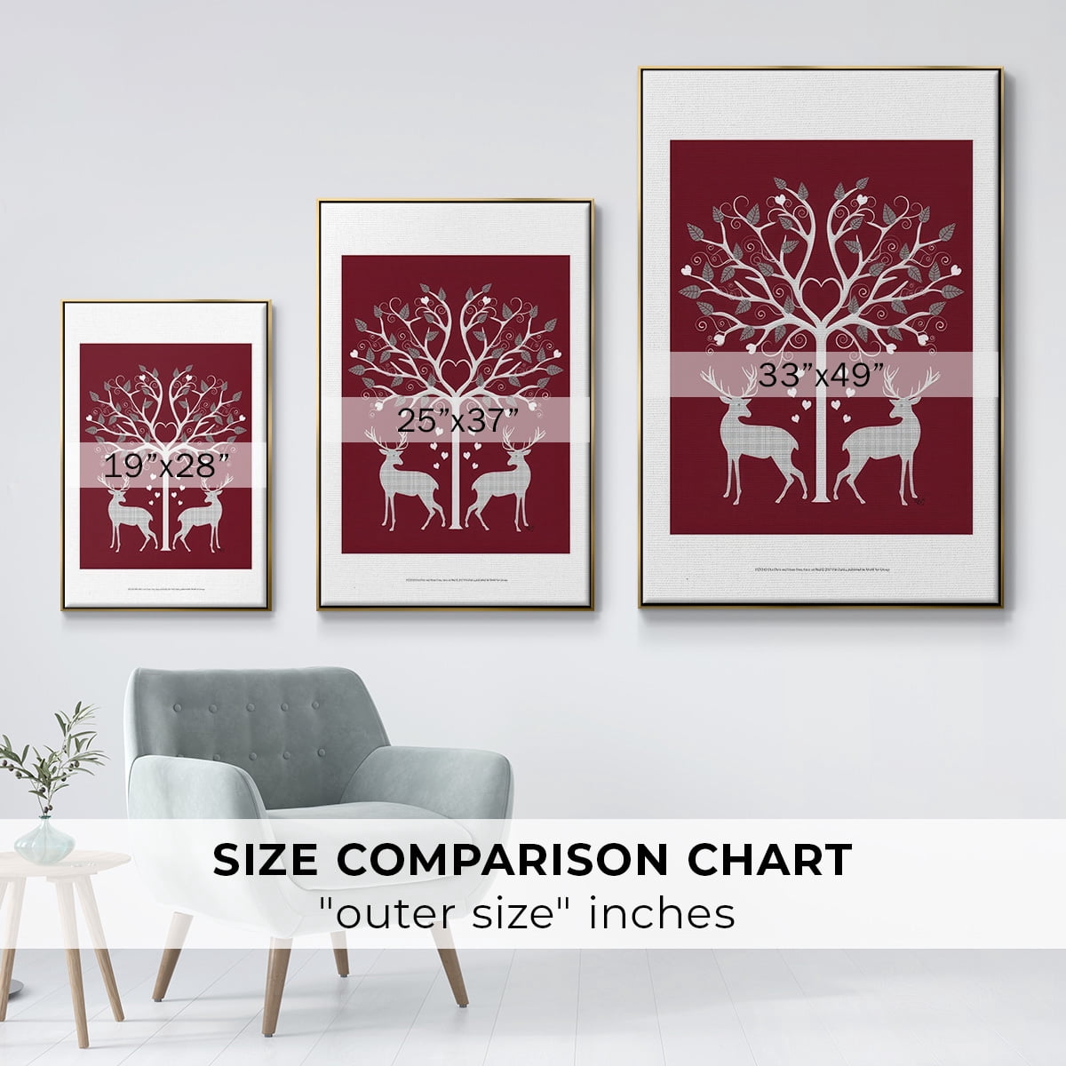Christmas Des - Deer and Heart Tree, Grey on Red - Framed Gallery Wrapped Holiday Canvas - 17 x 25 - Gold Frame