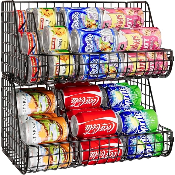 X-COSRACK 2-Pack Stackable Can Organizer for Pantry, Foldable Metal Wire Soda Dispenser with Adjustable Dividers, Black