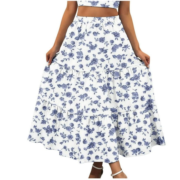 Vestido casual sexy de verano para mujer Faldas largas de playa con estampado floral Boho Elástico de cintura alta Plisado A-Line Flowy Swing Faldas largas con volantes en niveles Pompotops qwe13491