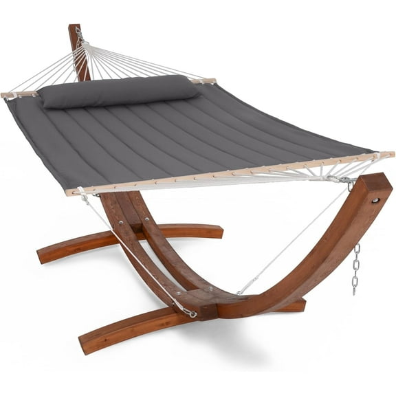 SUNCREAT Hammocks Double Hammock with Wooden Stand Included, Outdoor Hammocks for Outside, 475 lbs Capacity, Dark Gray
