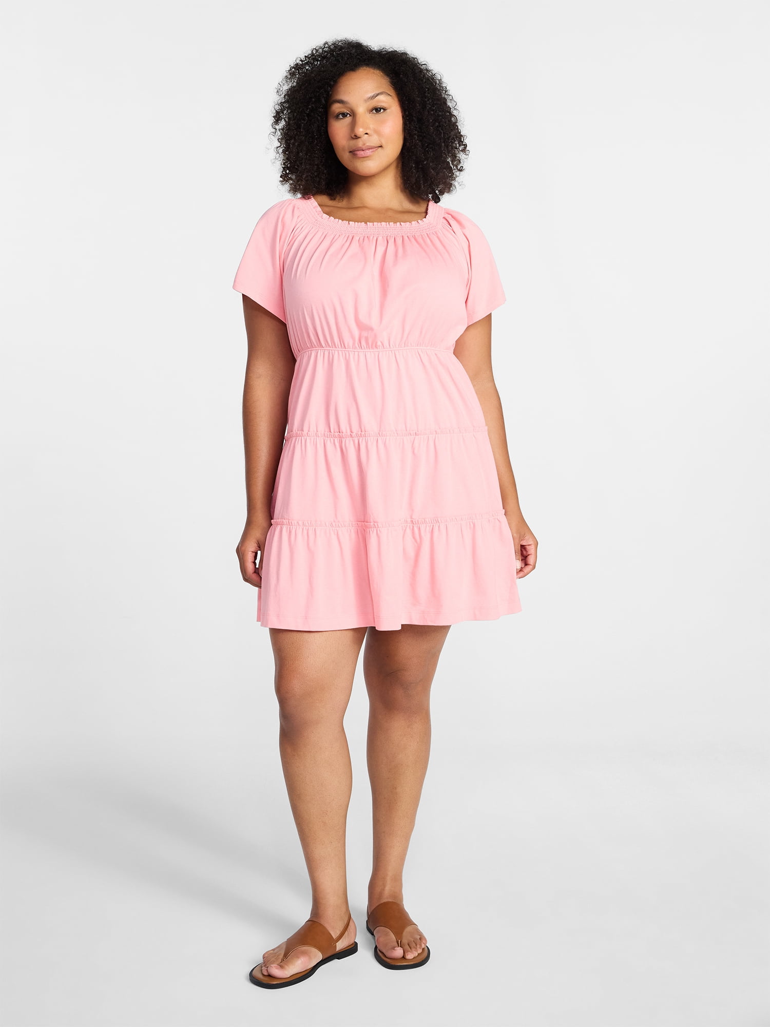 Time and Tru Women's Tiered Cotton Mini Dress with Flutter Sleeves, Sizes XS-XXXL