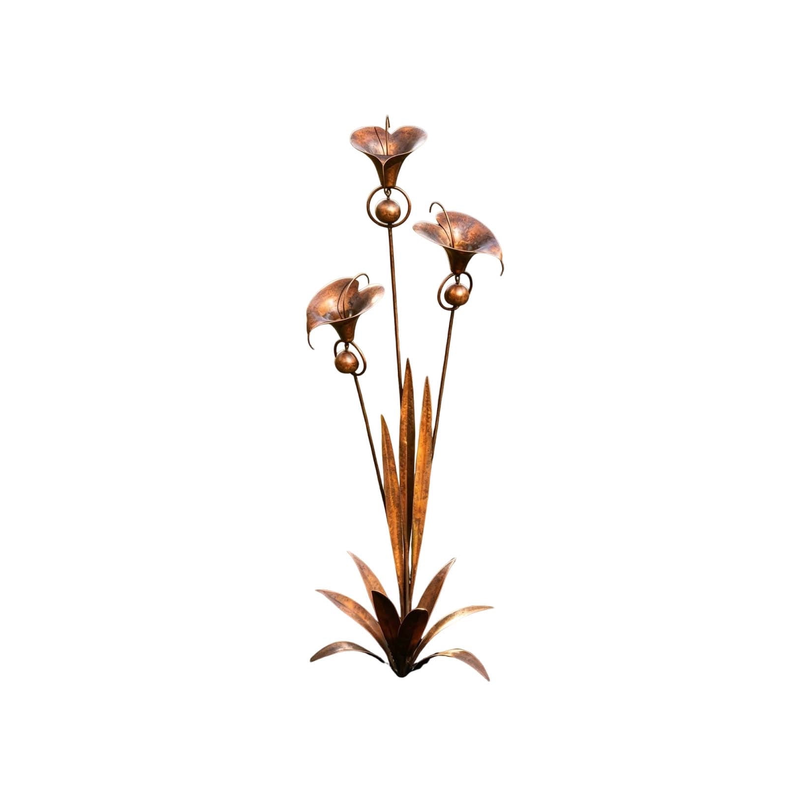 Three Calla Lilies Garden Stake with Bells, Flamed Copper Rain Catcher Flower Handmade 24inch Large Whimsical Metal Plant Sculpture Yard Art Decor, Rustic Wind Chime Ornament Gift