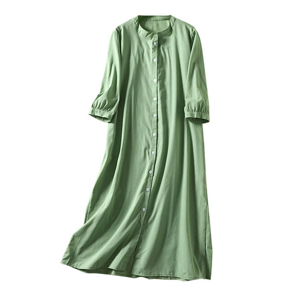 Summer Saving Wycnly Dresses for Women 2024 Fall Casual Loose Button Down Lightweight Cotton Linen Shirt Maxi Dresses Solid Elbow-Length Lapel Long Formal Dresses for Women Green m
