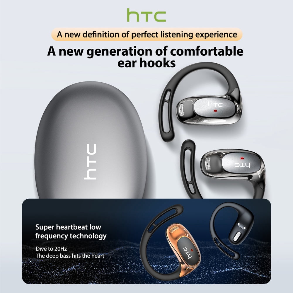 HTC NE35 Wireless Earbuds Open Ear Headphones Sports, Bluetooth 6.0 Earbuds, 48h Support 130 AI Languages Translator Earbuds IPX6 Waterproof,Black