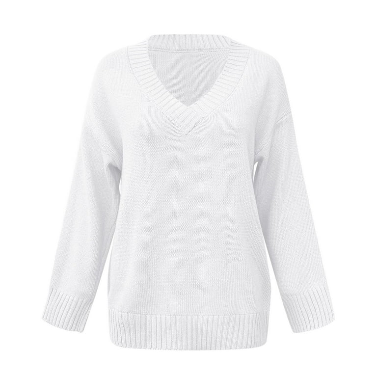 Women's New V Neck Long Sleeve Solid Color Tops Knit Sweater Oversized  Loose Slim Jumper Sweaters Low Cut Pullover Medium White
