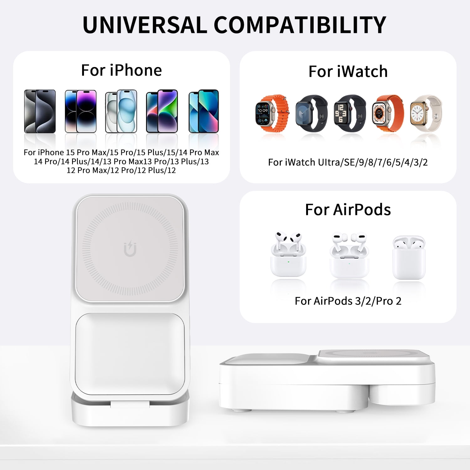 15w Foldable 3-in-1 Wireless Charger Stand for Apple Magsafe Stand for iPhone 16pro Watch Ultra2 (white)