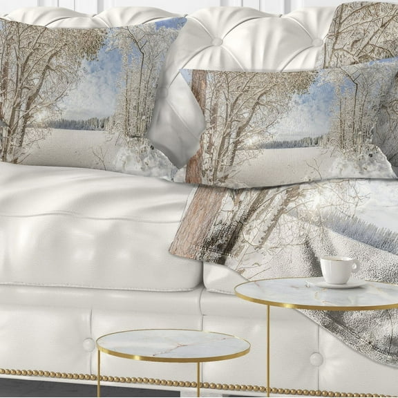 Designart Lake in Winter Woods - Landscape Printed Throw Pillow - 12x20